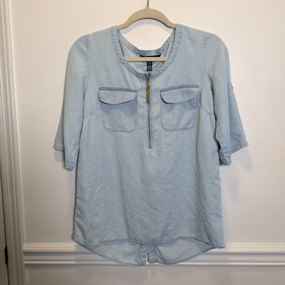 Ellen Tracy Womens S Tencel Chambray Tunic Top Blue 3/4 Sleeve Gold Zip Pockets